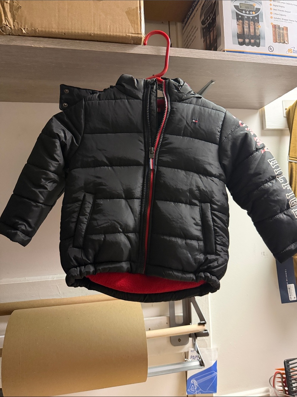 Tommy Hilfiger Kids Black Puffer Jacket with Red Interior and Trim